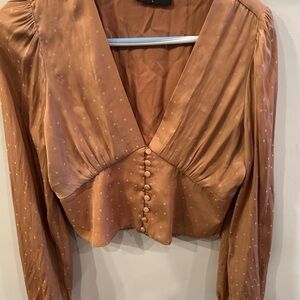 The Reset Brown Ruched Buttoned Crop Blouse